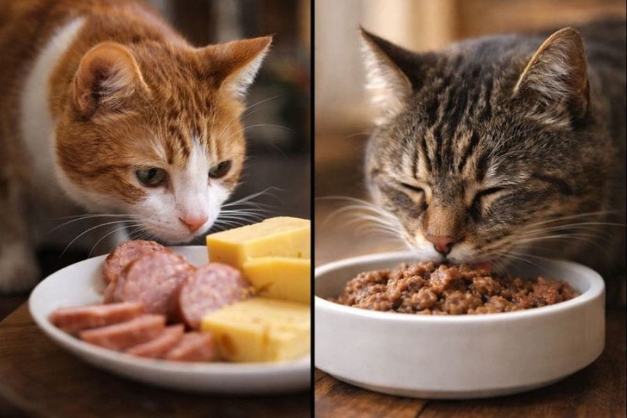 Comparison of human foods cats should avoid versus safe cat food