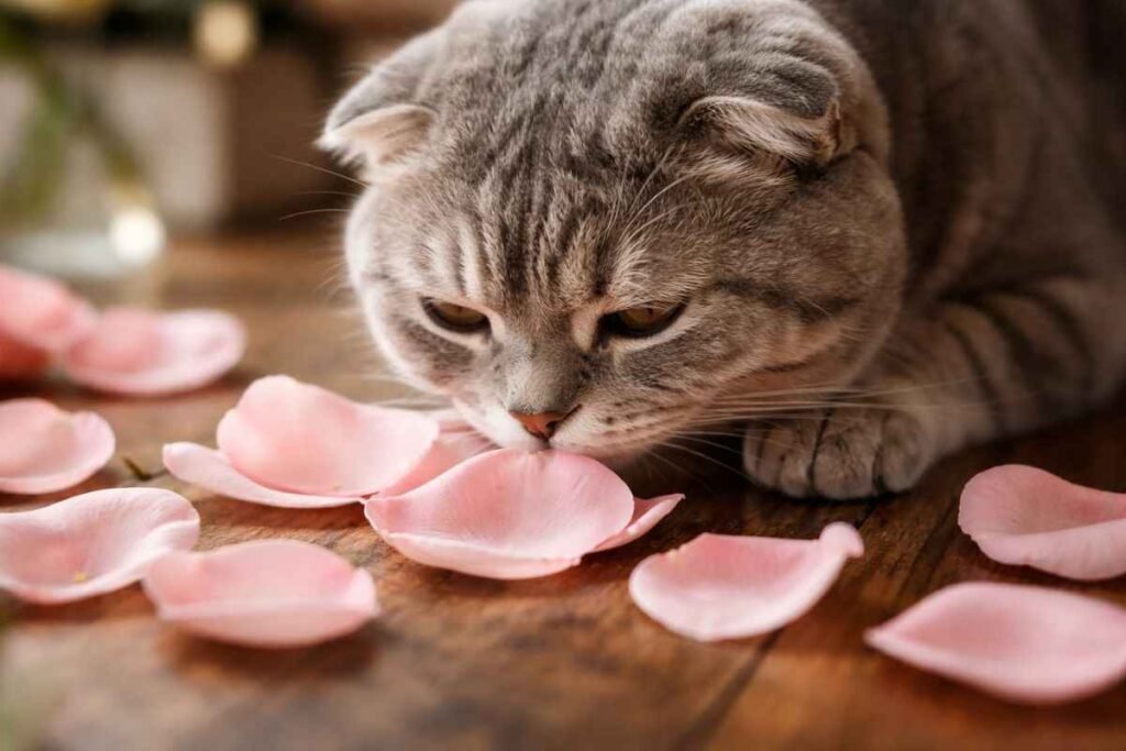 Scottish Fold cat sniffing soft pink rose petals safely indoors, showing pet-safe flower interaction.