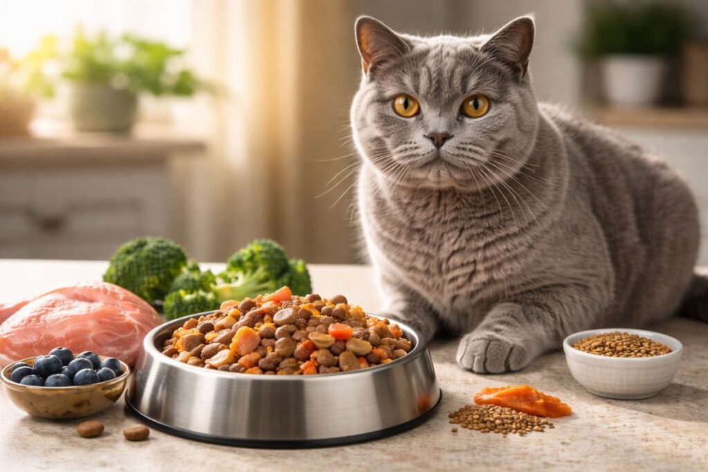 Senior British Shorthair cat with nutritious cat food illustrating essential nutrients for healthy aging.