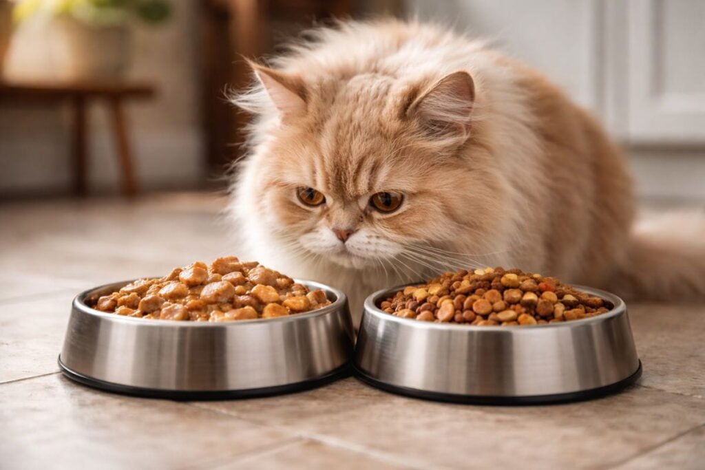 Senior Persian cat exploring wet and dry food bowls, showing options for feeding older cats.