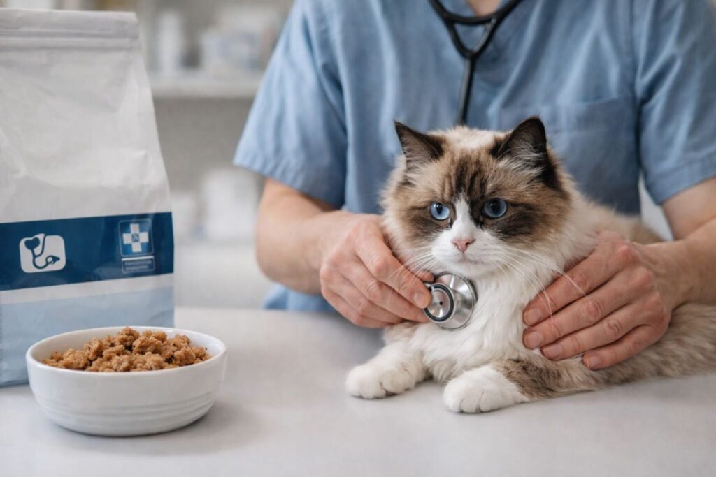 Senior Ragdoll cat at vet, highlighting how health conditions influence diet and food choices for older cats.