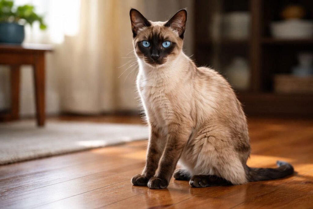 Senior Siamese cat sitting indoors, highlighting natural aging effects on joints and body structure.