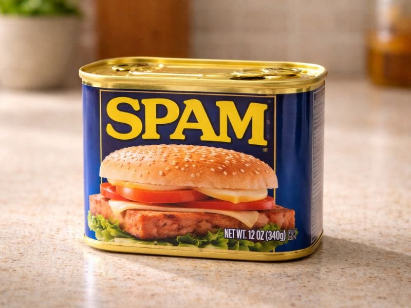 Can of Spam processed meat on a kitchen counter