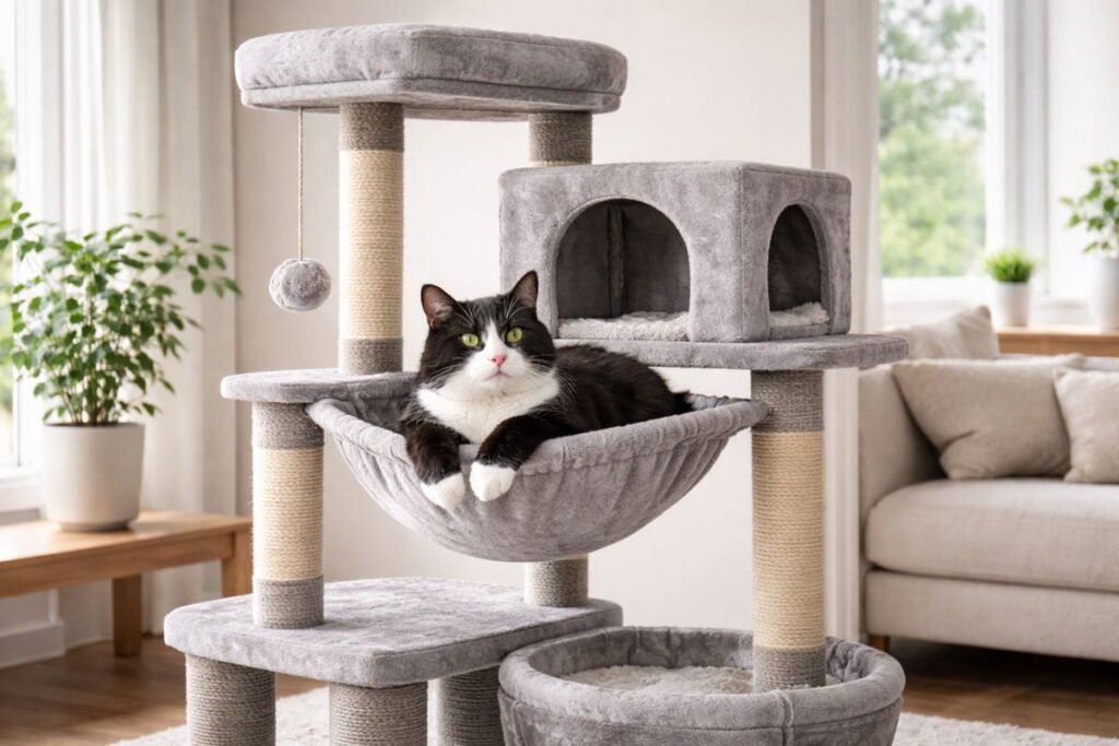 Top-rated cat tree for large cats in 2026 with wide platforms and a hammock for comfortable lounging.