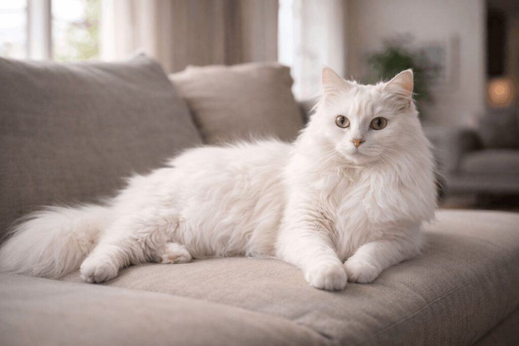 White Turkish Angora cat with silky long fur and almond shaped eyes — angora cats splendor