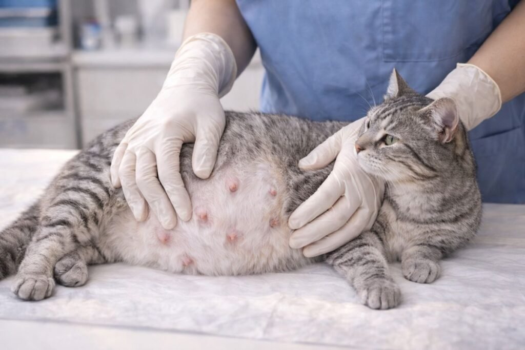 Veterinarian performing ultrasound on pregnant cat