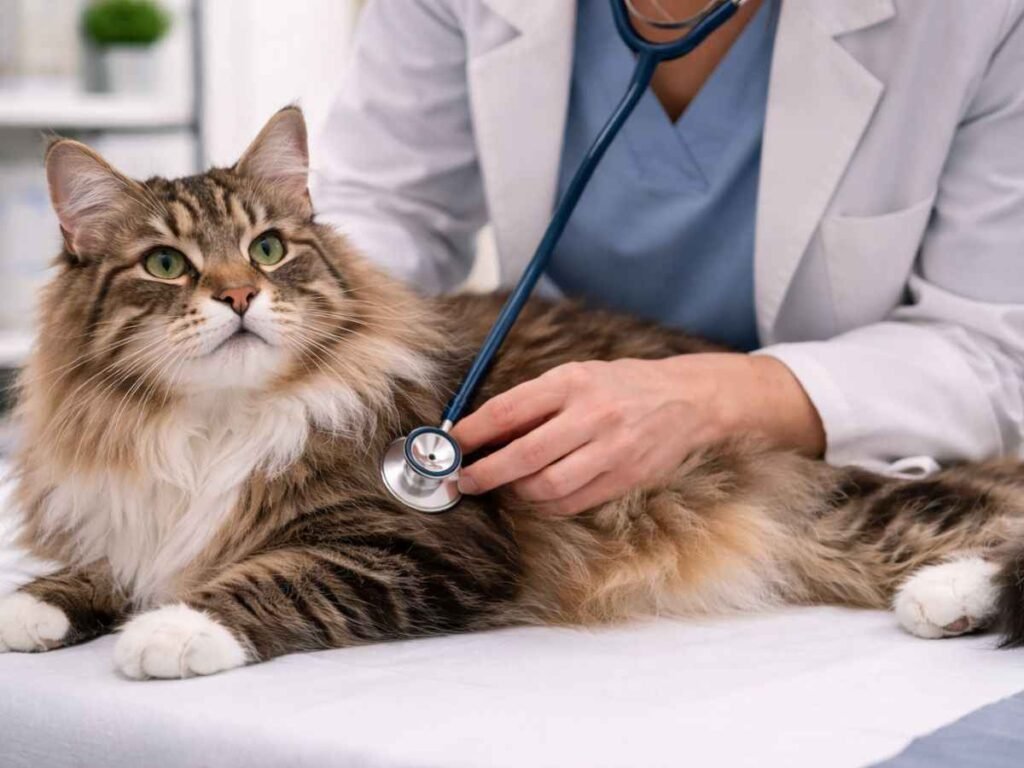 Veterinarian performing chest examination on a cat breathing heavily during a clinic visit
