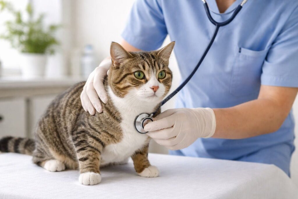 Veterinarian examining a cat to provide veterinary care for cat diarrhea