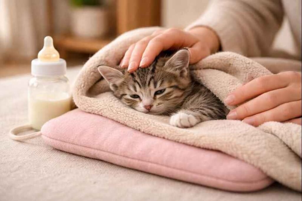 warming and feeding a weak newborn kitten at home”