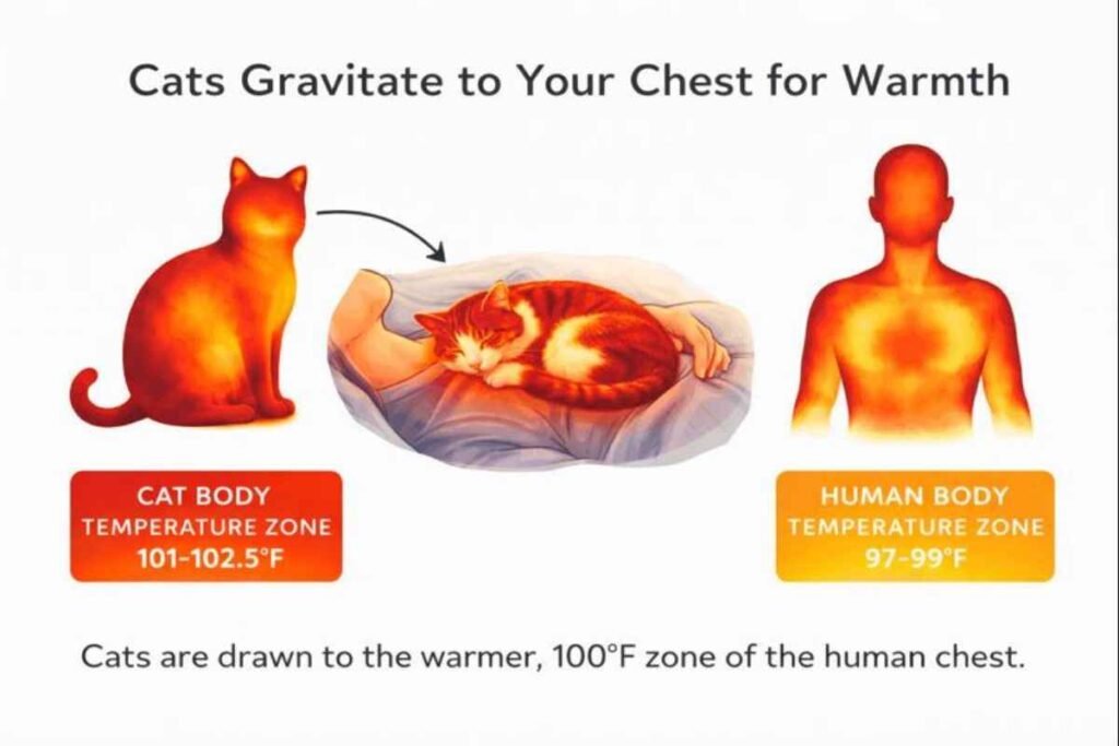 Cat laying on owner’s chest warmth and comfort infographic