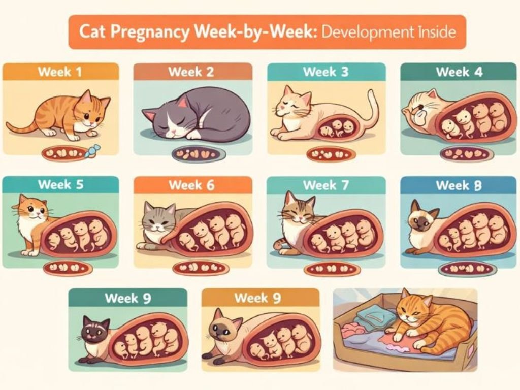 Cat pregnancy week-by-week fetal growth infographic