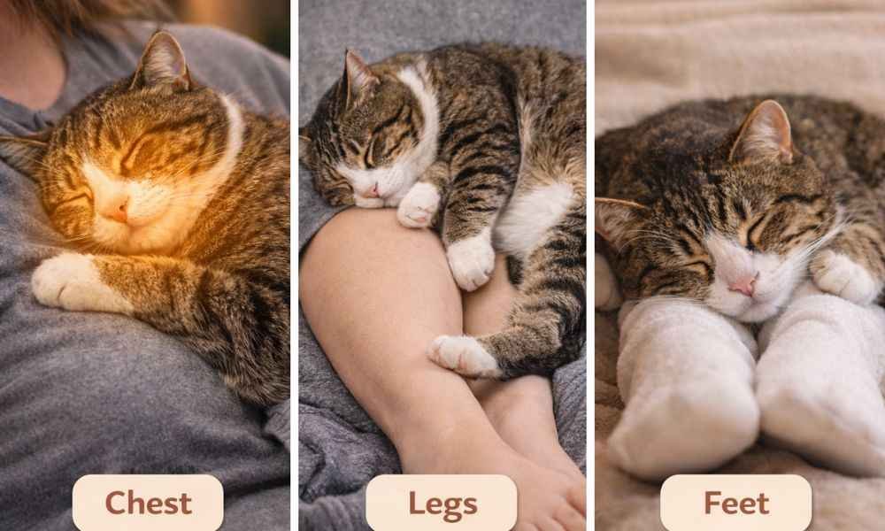 Cat sleeping positions meaning comparison chest vs legs vs feet