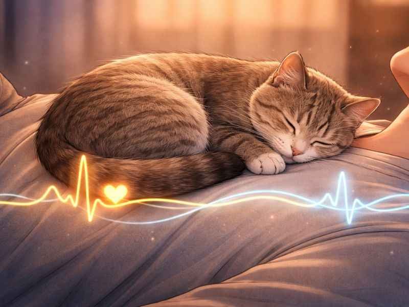 Cat sleeping on human chest with soothing rhythmic sounds