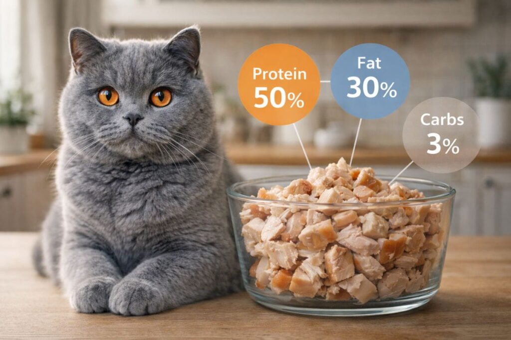 British Shorthair cat with a high-protein cat food bowl, highlighting protein, fat, and carb ratios for British Shorthair nutrition.