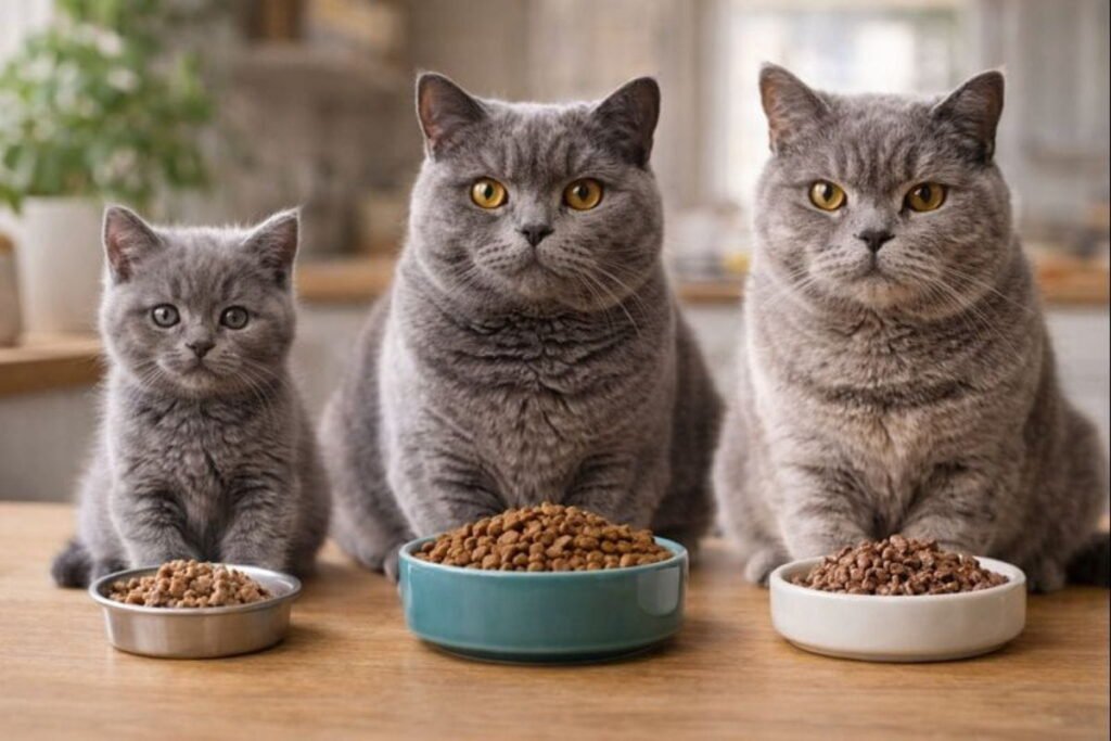 Three British Shorthair cats of different ages with age-specific cat food bowls, illustrating kitten, adult, and senior feeding guide.