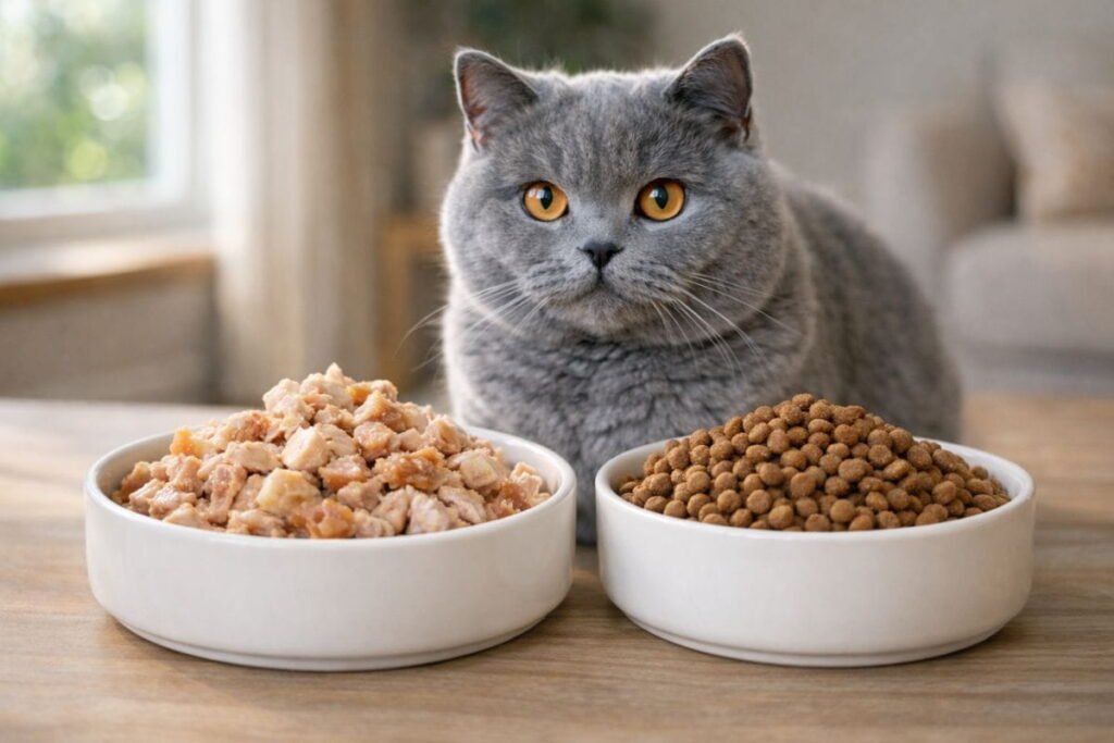 British Shorthair cat comparing wet and dry cat food, showing the differences in texture and moisture for feeding choices.
