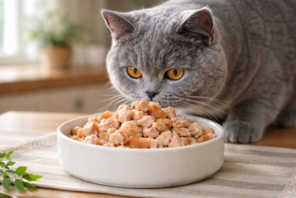 British Shorthair cat eating premium cat food with chicken, turkey, and fish, ideal for highlighting best food ingredients.