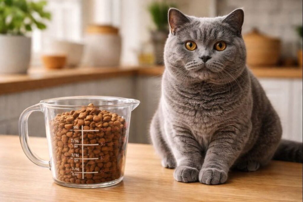 British Shorthair cat with measured portions of dry cat food, demonstrating portion control feeding guide for adult cats.
