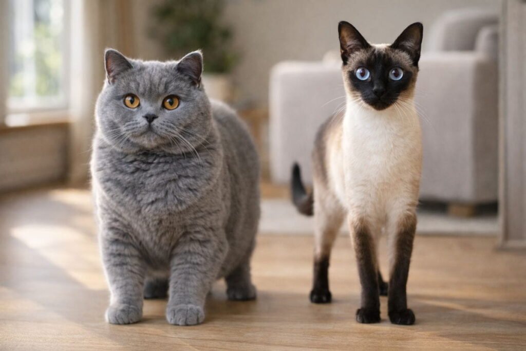 Stocky British Shorthair cat compared with a lean cat, showing body type differences for diet and calorie needs.