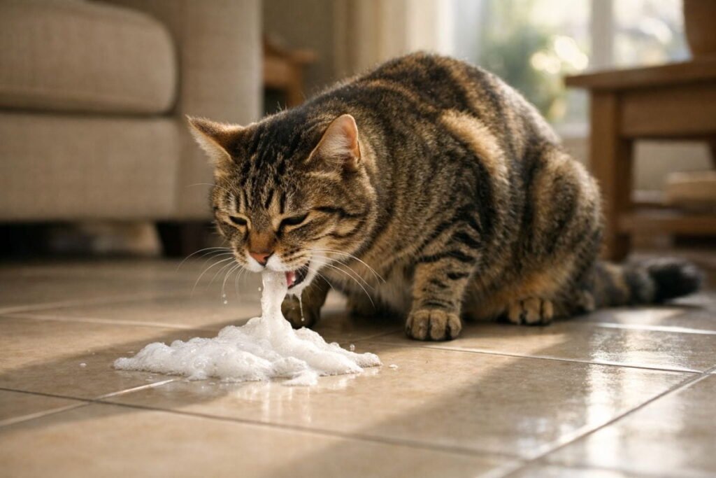 cat throwing up white foam