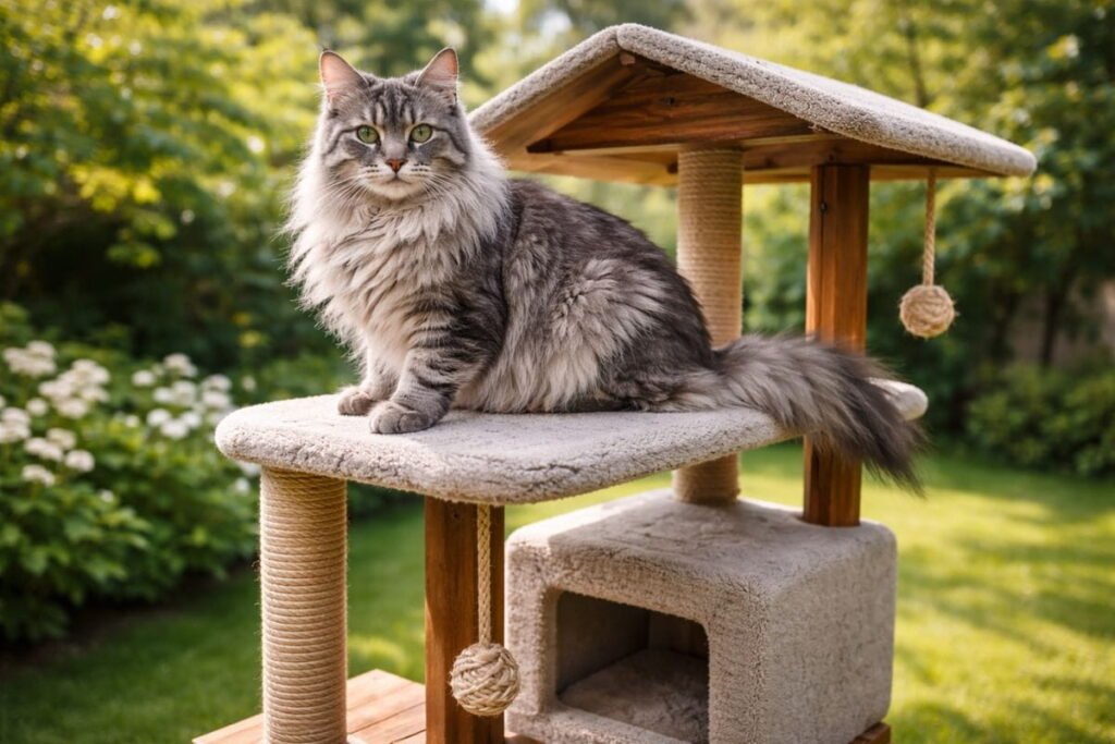 Grey Maine Coon cat exploring outdoor cat furniture with stable cat platforms in a garden setting.