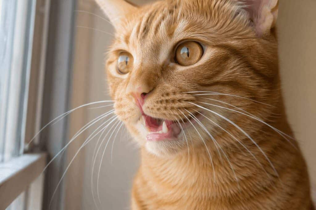Orange tabby cat with mouth open showing clean white teeth for cat teeth cleaning guide