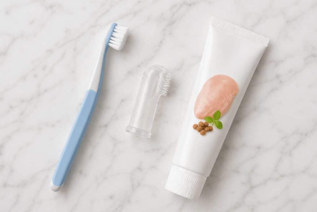 Cat teeth cleaning tools including soft toothbrush finger brush and enzymatic cat toothpaste on white surface
