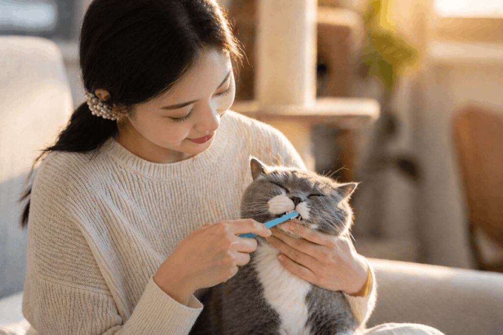 Woman gently brushing grey British Shorthair cat teeth at home using a soft cat toothbrush