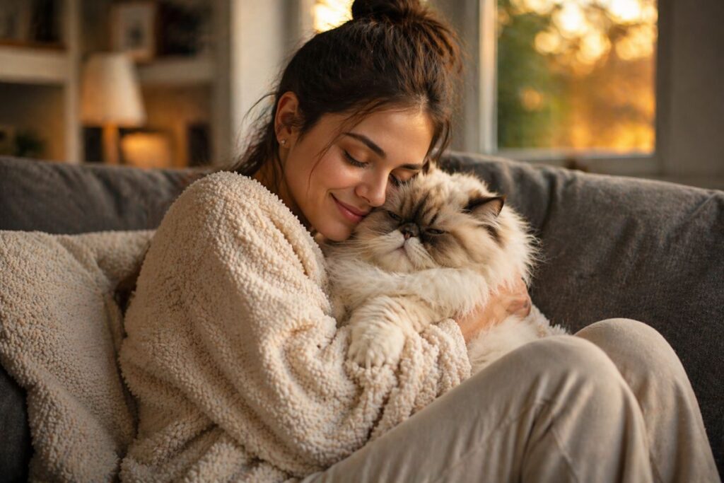 Woman cuddling fluffy cream Persian cat on sofa showing why persian cat cost is worth it for dedicated owners