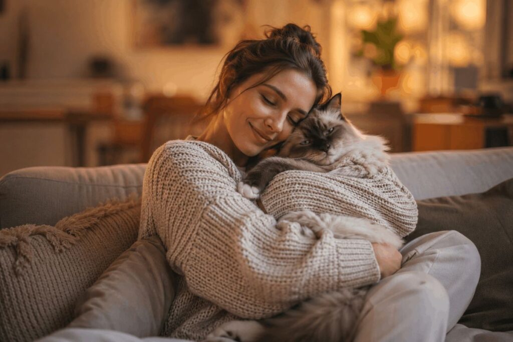 Woman cuddling fluffy seal mitted Ragdoll cat on sofa showing why ragdoll cat price is worth it for devoted owners