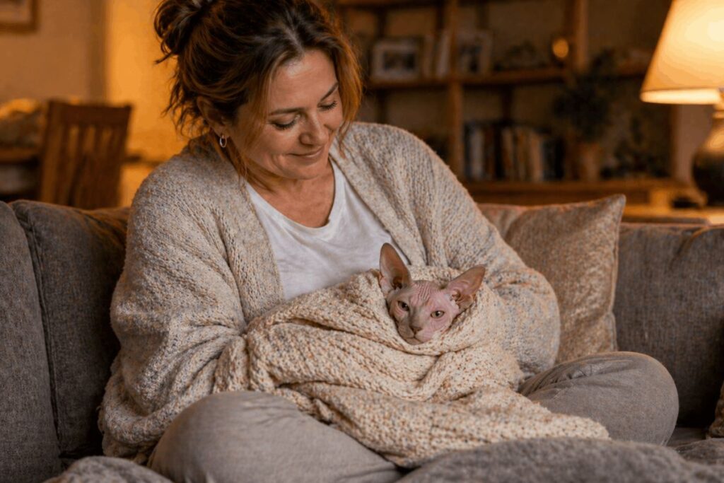 Woman cuddling pink Sphynx cat under blanket on sofa showing why sphynx cat price is worth it for devoted owners