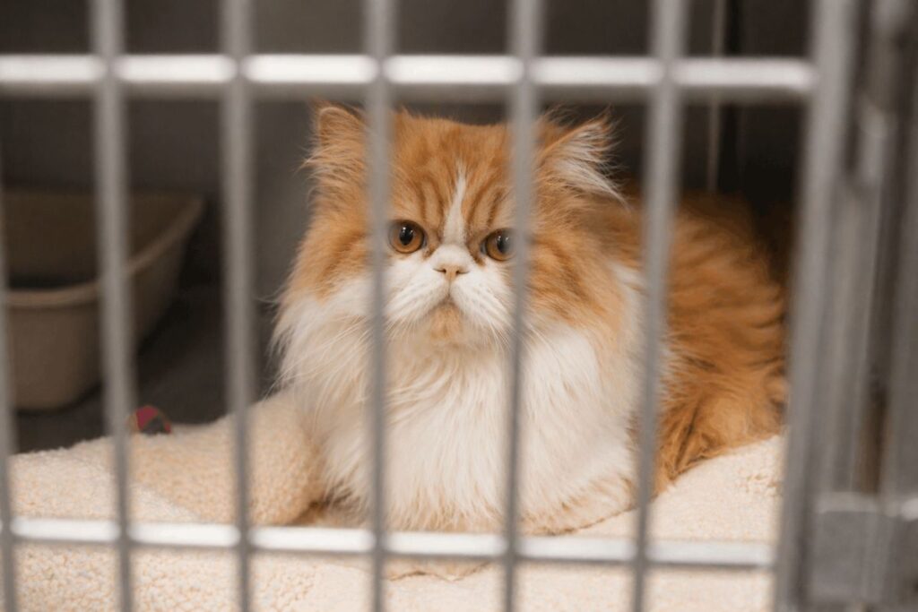Orange tabby Persian cat in rescue shelter showing persian cat adoption fee as alternative to buying from breeder