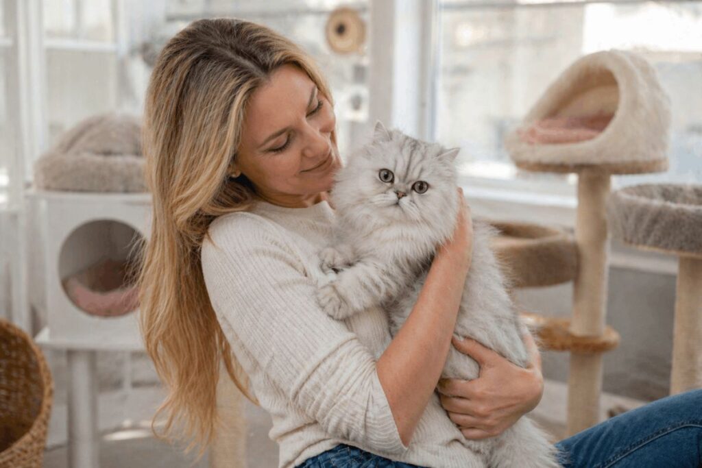 Female breeder holding silver chinchilla Persian kitten in cattery showing persian cat breeder cost and quality