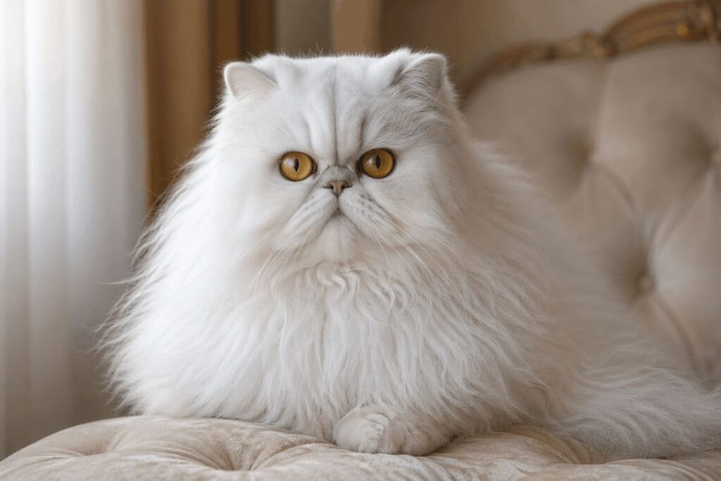 Fluffy white Persian cat sitting on cream cushion representing persian cat cost guide for USA buyers