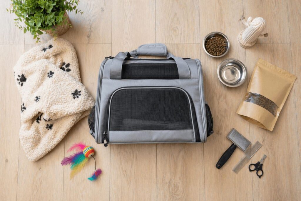 Persian cat first year setup items including carrier grooming kit food bowls and toys showing persian cat setup cost