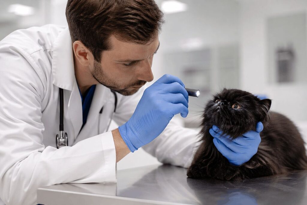 Veterinarian examining flat faced Persian cat showing persian cat health problems and vet costs for owners