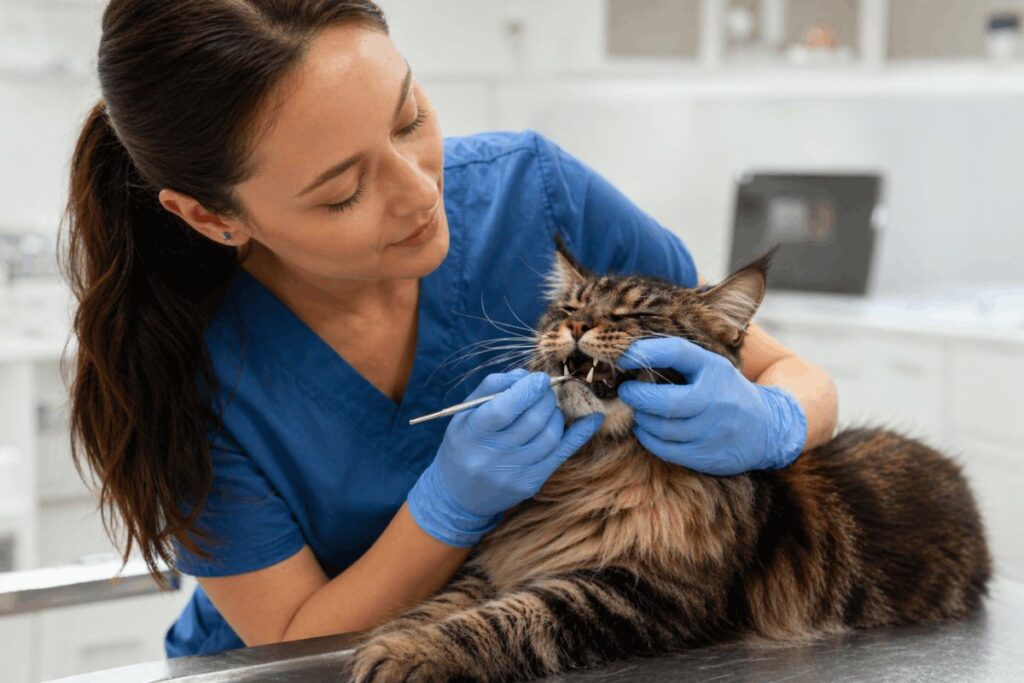 Female veterinarian examining Maine Coon cat teeth during professional cat teeth cleaning appointment at vet clinic