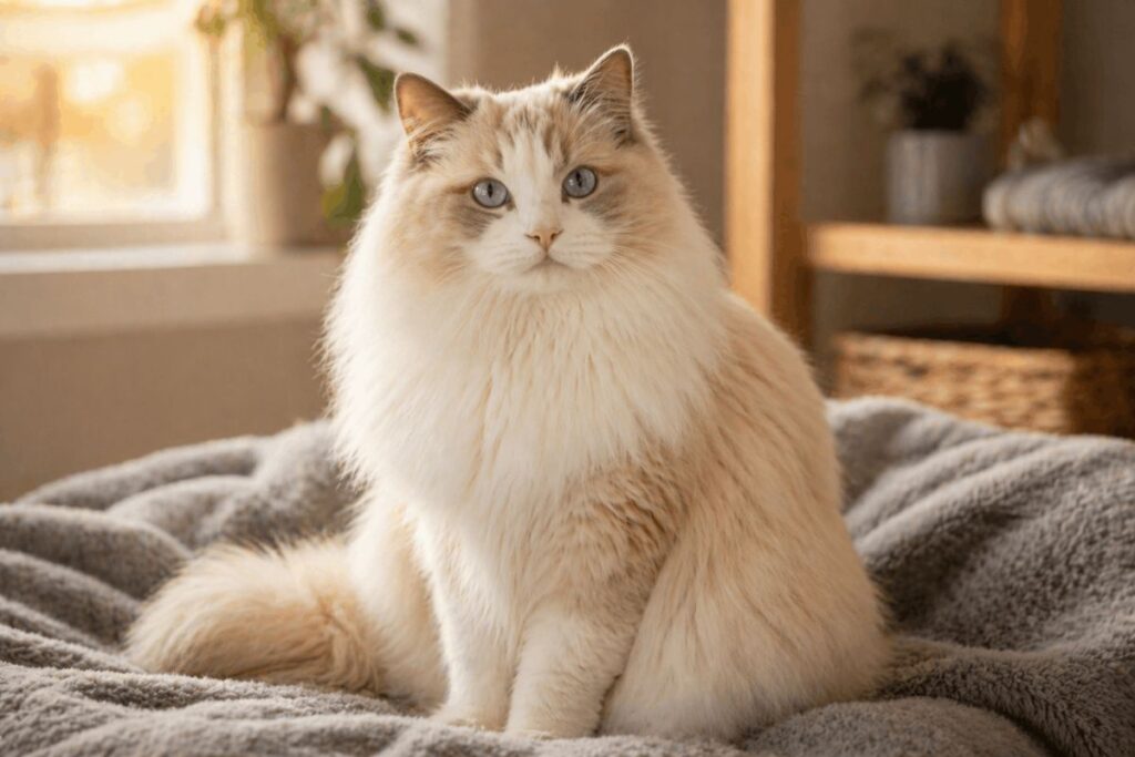 Calm adult cream Ragdoll cat at home showing ragdoll cat adoption vs buying cost comparison for USA owners