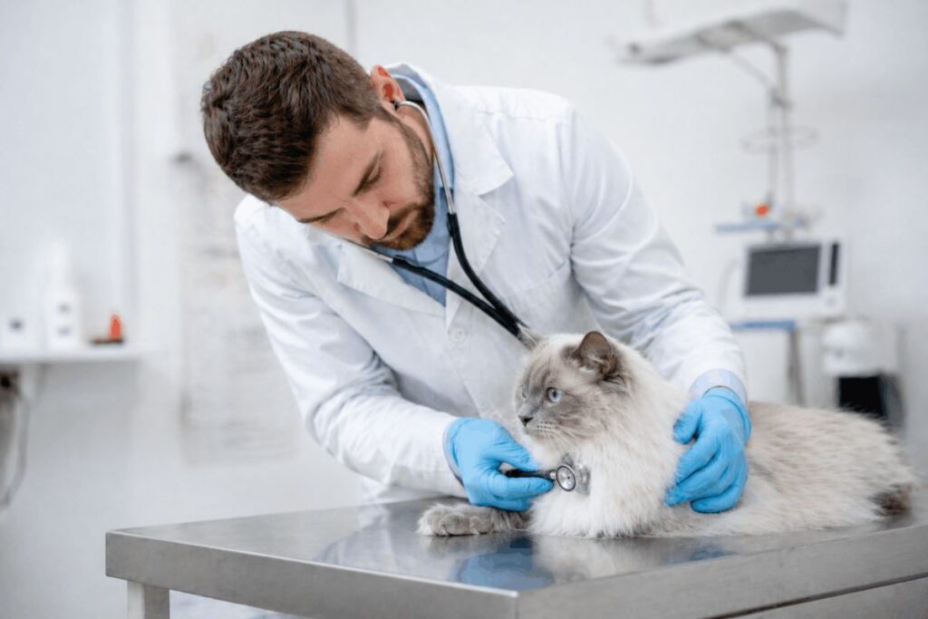 Veterinarian examining blue point Ragdoll cat with stethoscope showing ragdoll cat health problems and vet costs