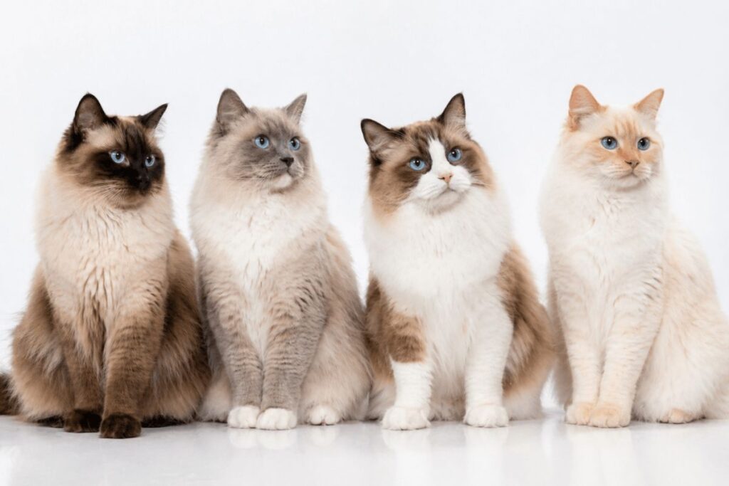 Four Ragdoll cats in different colors and patterns showing how ragdoll cat price varies by color and coat pattern

