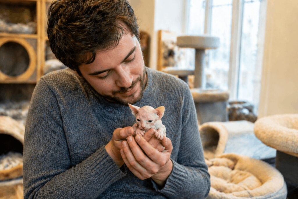 Male breeder carefully holding cream Sphynx kitten in cattery showing sphynx cat breeder cost and quality standards
