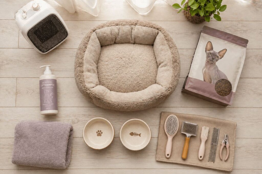 Sphynx cat first year setup items including heated bed shampoo ceramic bowls and grooming kit showing sphynx cat setup cost