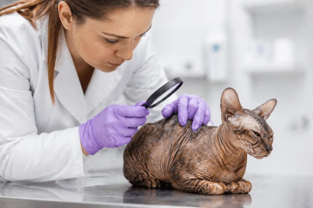 Female veterinarian examining brown tabby Sphynx cat skin during health checkup showing sphynx cat health problems and vet costs