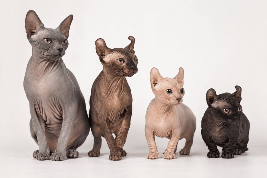 Four hairless cat variations including standard Sphynx elf cat bambino and dwelf showing price differences between each type
