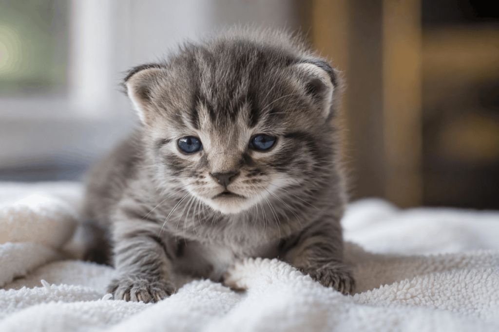 Grey tabby kitten with partially open blue eyes at two to three weeks old