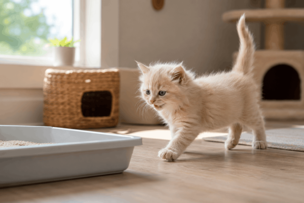 Cream-colored four-week-old kitten walking near a litter box indoors