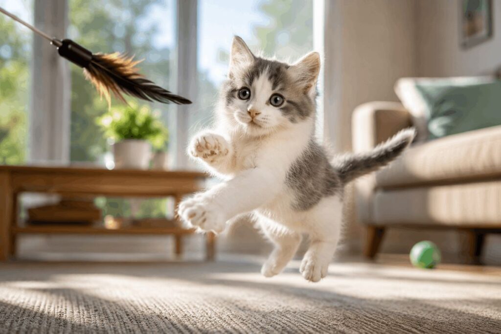 Playful seven-week-old kitten jumping toward a toy indoors
