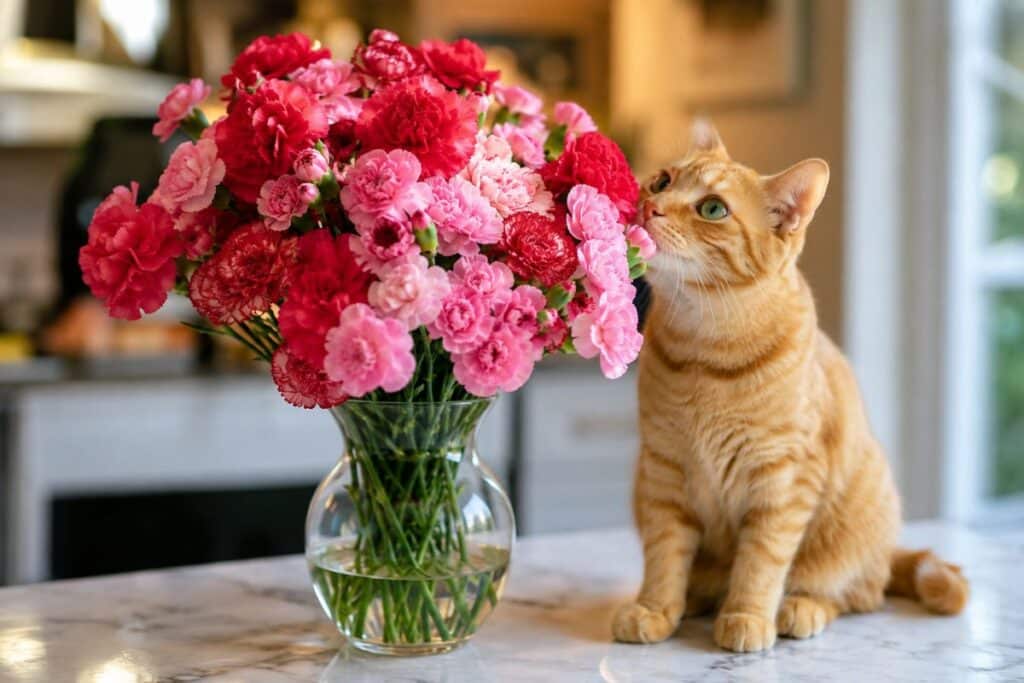 are carnations toxic to cats — orange tabby cat sniffing pink carnation bouquet on kitchen counter