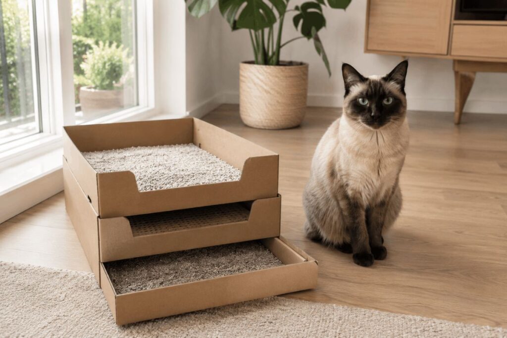 Modern disposable sifting cat litter box beside a Siamese cat in a minimalist home