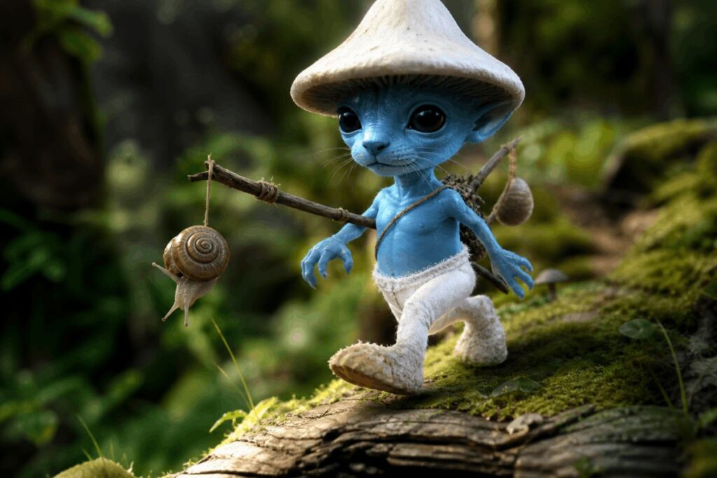 blue smurf cat viral meme character walking through forest with snail on stick